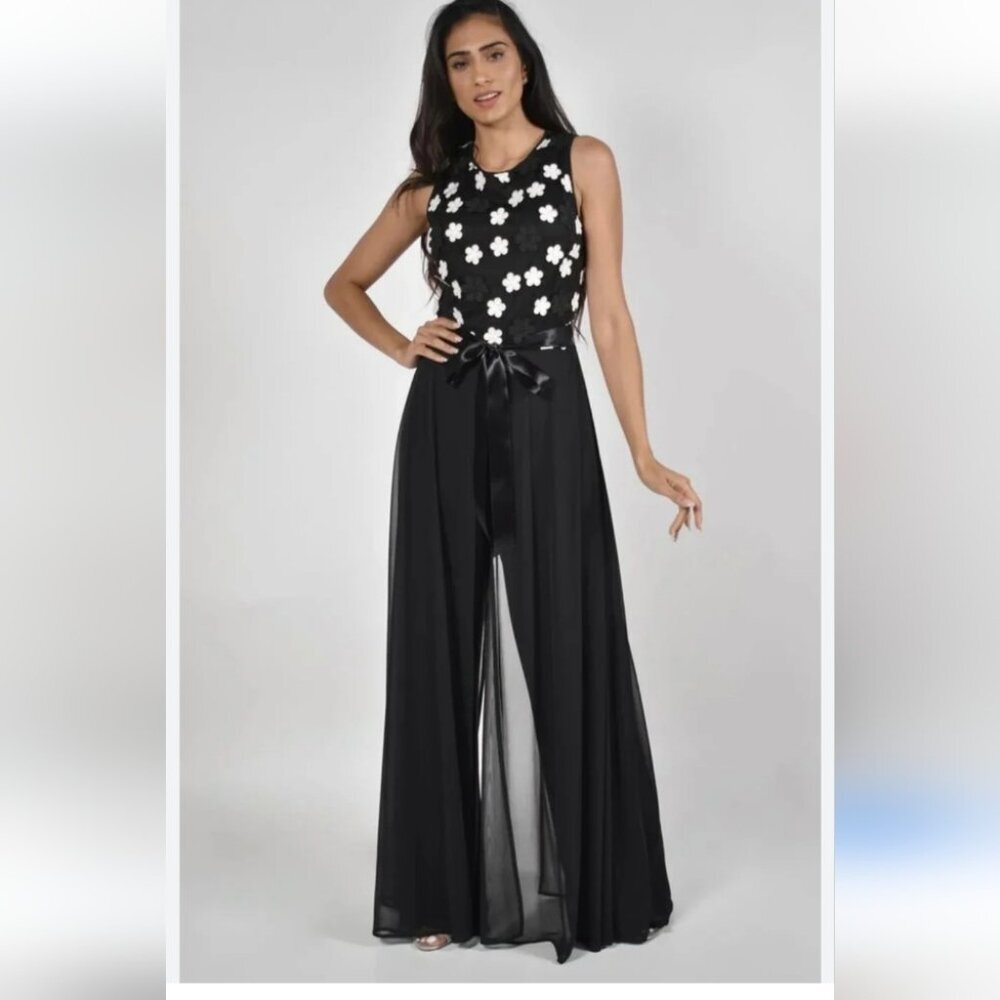 Frank Lyman Design Black and White Daisy Wide leg Jumpsuit